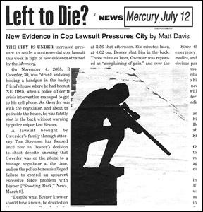 [Image: Gwerder  
story in July 12 Mercury]